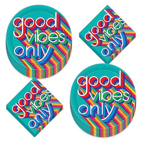 70s Decades Party Supplies  Good Vibes Paper Large Dinner Plates and Lunch Napkins Serves 16