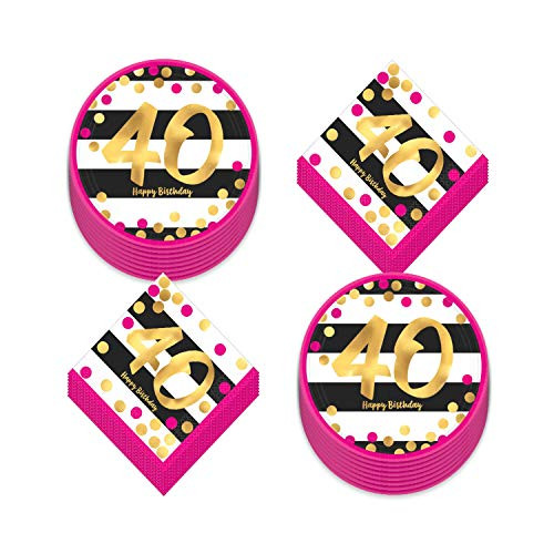 40th Birthday Party Supplies Happy Birthday Pink and Gold Metallic Dessert Plates and Beverage Napkins Serves 16 40th Birthday Party Supplies Happy Birthday Pink and Gold Metallic Dessert Plates and Beverage Napkins Serves 16