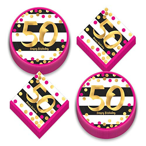 50th Birthday Party Supplies Happy Birthday Pink and Gold Metallic Dessert Plates and Beverage Napkins Serves 16 50th Birthday Party Supplies Happy Birthday Pink and Gold Metallic Dessert Plates and Beverage Napkins Serves 16