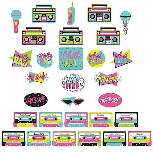 Awesome 80s and 90s Party Supplies  Hanging Cutouts in Rad Shapes Cassette Tapes Boomboxes and Phrases 30 Piece Set
