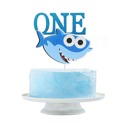 Sunsor Shark Theme Blue ONE Birthday Cake Topper Smash Cake Pick Treat for Baby Shark 1st First Birthday