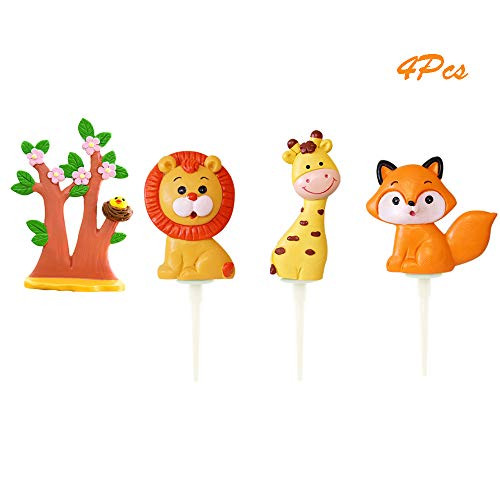 Sunsor 4Pcs Woodland Themed Miniature Resin Figurine Cake Toppers Lion Giraffe Fox Wood Miniature Statue Ornaments for Baby Birthday Wedding Party Supplies