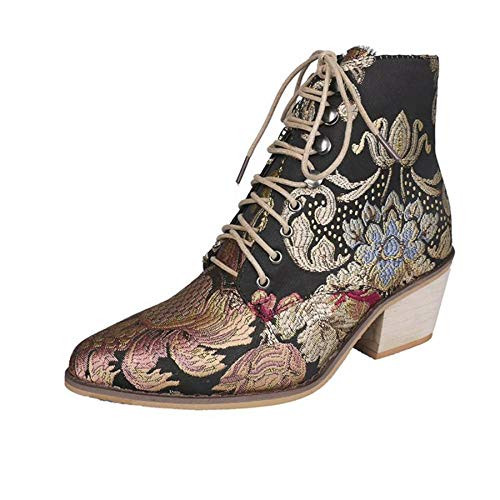 Gets Womens Casual Embroidered Block Heel Cowboy Boots Suede Heighten Ankle Booties 65