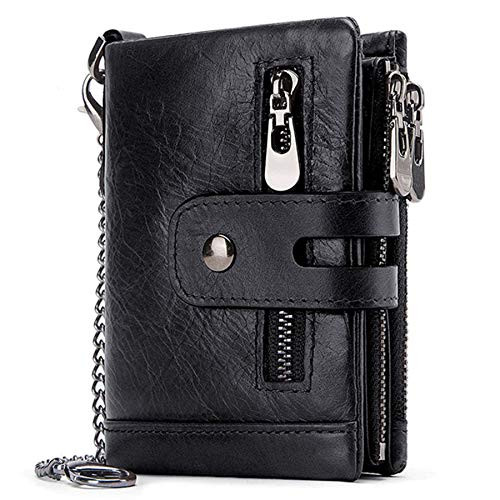 Earning PowerMens Leather RFID Blocking Trifold Wallets Double Zipper Coin Pocket Purse with AntiTheft Chain Bikers Wallets Black