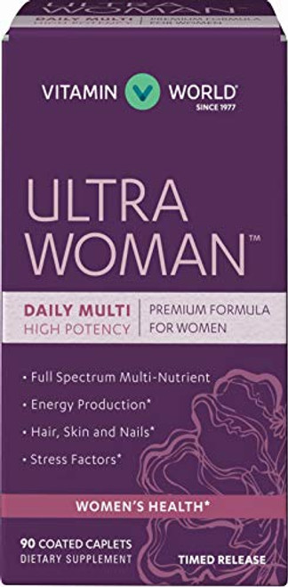 Vitamin World Ultra Woman Daily Multivitamins 90 Caplets HighPotency FullSpectrum Energy Production Hair Skin and Nails TimedRelease Coated