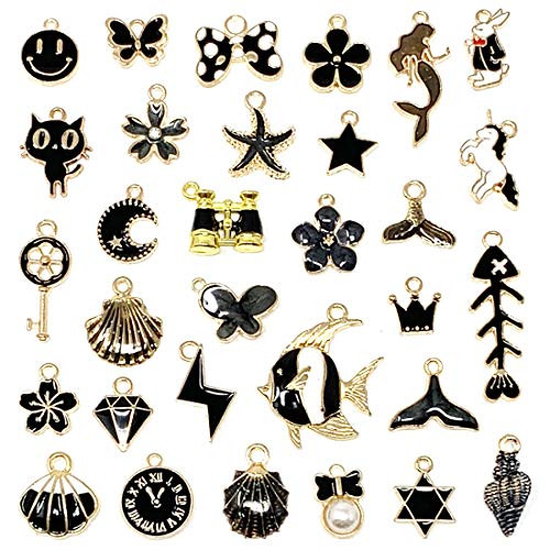 31PCS Assorted Gold Plated Enamel Black Theme Charm Flower Animal Fashion Key Pendant DIY for Necklace Bracelet Jewelry Making and Crafting JIALEEY