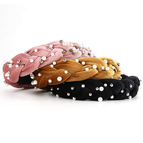 Makone Braid Pearl Headbands for Womens VelvetPadded Headband Vintage Braid Hairband with Pearl Hair Hoops Fashion Hair Accessories for Wedding Party