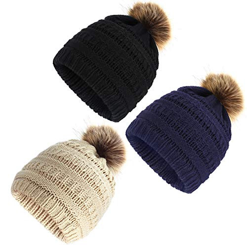 Makone Baby Winter Hats 3pcs Kids Knit Cap Kid Fleece Lined Beanie Hat Children Pom Pom Beanie Winter Bobble Hat Soft Warm Beanie Knit Cap for Girls and Boys