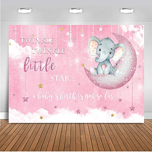 Mocsicka Baby Girl Elephant Party Supplies Decorations 7x5ft Vinyl Fabric Twinkle Twinkle Stars Gender Reveal Backdrop Pink Elephant Baby Shower Photography Background