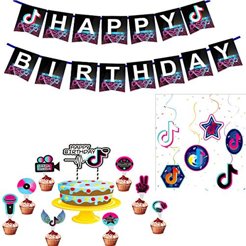 Tik Tok Happy Birthday Banner Tik Tok Cupcake Topper Party Decorations Tik Tok Famous Social Media Hanging Swirl DecorationsTik Tok Party Supplies