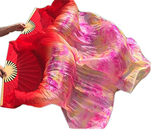 Nimiman Hand Made Colorful Belly Dance Dancing Silk Bamboo Long Fans Veils TieDyed 5 Colors red