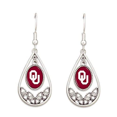 FTH Oklahoma Sooners Logo Silver Tone Tear Drop Hoop Earrings with Clear Rhinestones