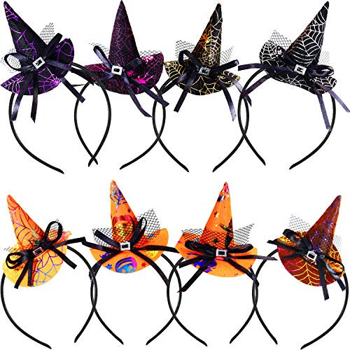 Blulu 8 Pieces Halloween Headband Witch Spider Web Pumpkin Hat Headbands for Halloween Costume Party Accessories 3 Styles