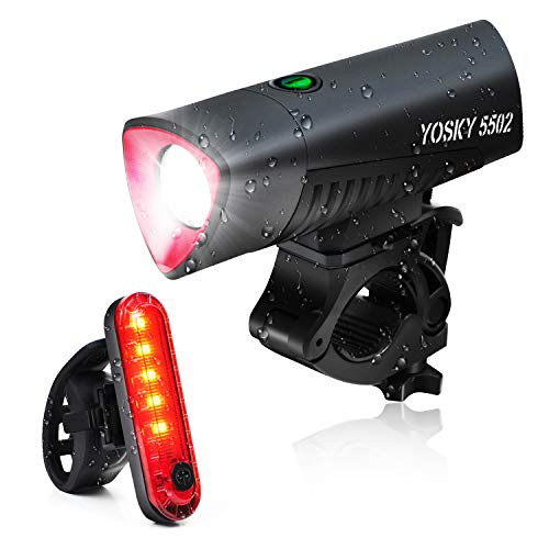 Yosky Bike Light Set USB Rechargeable?Waterproof LED Front Headlight and Rear TaillightUltra Bright Waterproof Led Bike Lights Bicycle Front and Back Light