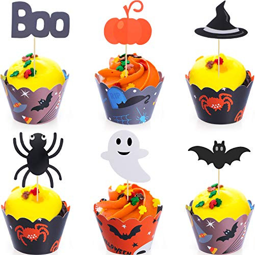 BBTO 48 Pieces Halloween Cupcake Toppers Wrappers Halloween Cake Picks Cupcake Liners for Halloween Party Cake Decoration