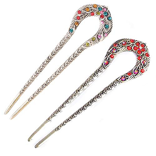 2PCS Chinese Vintage Rhinestone Hair Chopsticks Hair Clip Chignon Pin Hair Decor flower Hairpin Metal Hair Stick for Women RedColourful A#