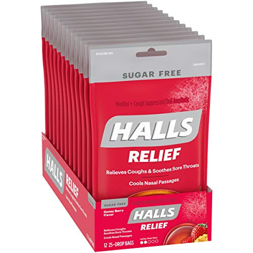HALLS Relief Sugar Free Honey Berry Flavor Cough Drops 12 Bags 300 Total Drops