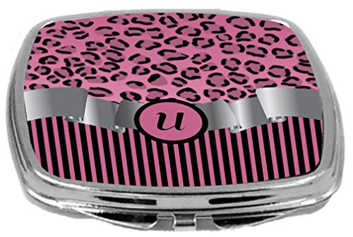 Rikki Knight Compact Mirror, Letter u Initial Light Pink Leopard Stripes Monogram