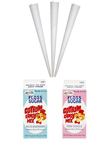 Perfect Stix Floss Sugar Set 2 Packs Cotton Candy Floss Sugar Pack 1 Carton Each Pink Vanilla Blue Raspberry and 100 Cotton Candy Cones Pack of 102