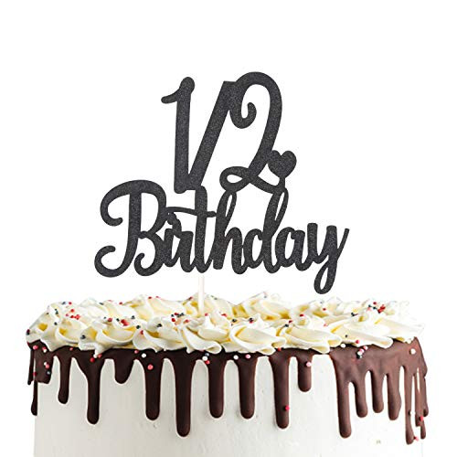 12 Birthday Cake Topper Double Sided Black Glitter 6 Months Half Birthday Baby Shower First Birthday Party Decorations
