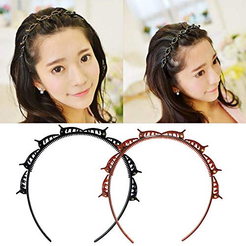 Lnlofen 2Pcs Hollow Woven Headband with Clips Fashion Braided Headbands Double Layer Twist Plait Headband Hair Tools Double Bangs Hairstyle Hairpin for Women Girls Brown  Black