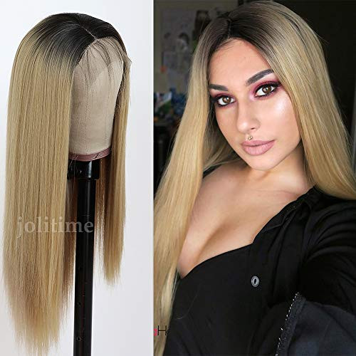 Jolitime Hair Dark Root Blonde Long Straight Lace Front Wigs Heat Resistant Fiber Hair Synthetic Lace Front With Baby Hair Wigs 150 Density for Women 22 inch Jolitime Hair Dark Root Blonde Long Straight Lace Front Wigs Heat Resistant Fiber Hair Synthetic Lace Front With Baby Hair Wigs 150 Density for Women 22 inch