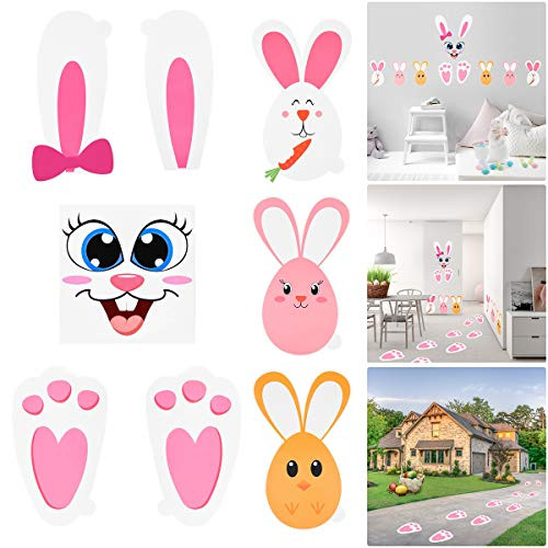 Amosfun Easter Bunny Paw Prints Stickers Set with Egg Bunny Face Wall Floor Decal Clings for Kids Easter Birthday Party Favors Garden Egg Hunt Game