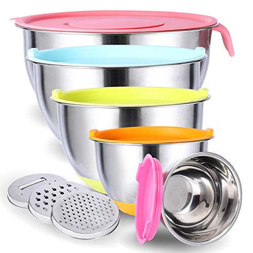 Mixing Bowls with Airtight Lids 6 Piece Stainless Steel Metal Nesting Bowls3 Grater Attachments Measurement Marks  Colorful NonSlip BottomsSize 5 35 25 2015QT Great for Mixing  Serving