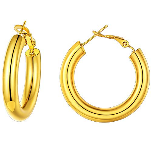 FindChic Chunky Gold Hoop Earrings for Women Round Wire Ear Loop Stainless Steel Small Hoops Circle Dangle 30mm Width Jewelry Gifts