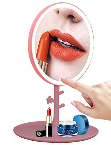 Beyeeway Makeup Mirror Touch Screen Vanity Mirror with LED Brightness Adjustable Portable USB Rechargeable Red