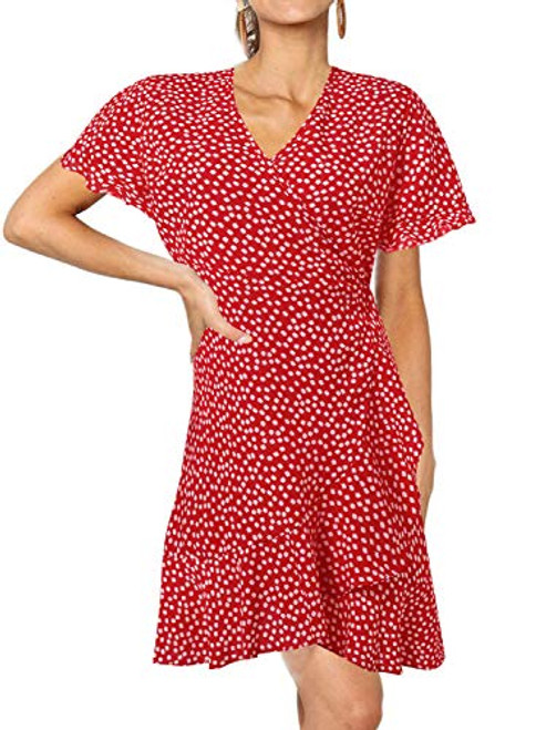 Fleur Wood Womens Short Sleeve V Neck Ruffle Floral Wrap Dresses Flowy Summer Boho Dress Beach Sundress with Belt Knee Length Red