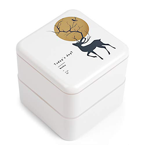 Ulela Square Bento Box Lunch Container 2 Tier Leakproof Stackable Japanese Style Bento Lunch Box for Kids Adults Microwave Dishwasher Safe white deer