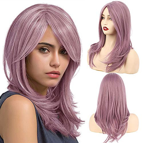 Straight Wigs for Women Purple Wigs with Bangs Long Layered Shoulder Length Synthetic Wigs for Women Natural Looking