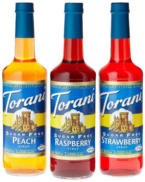 Torani Sugar Free Fruit Flavor Syrup Variety Pack  Raspberry Strawberry Peach 3Count 183Pound Bottles