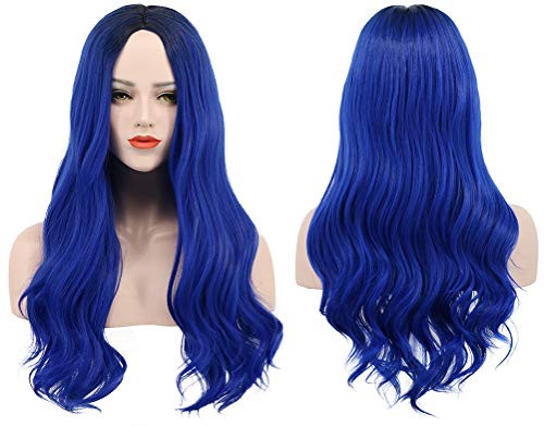 Karlery Adult Women Long Wave Black Root Gradient Dark Blue Cosplay Wig Halloween Costumes Party Anime Wig