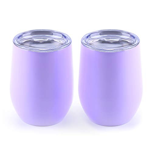 WBRWP 12oz Coffee Cup with Lid : Double-insulated Stemless Glass, Stainless Steel Tumbler Cup with Lids for Wine, Coffee, Drinks, Champagne, Cocktails 2 Pieces-Light Purple