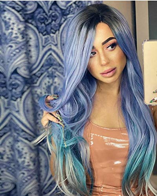 RainaHair 24Inches Ombre Wig Body Wave Dark Roots to Purple Blue Gray Colorful Wig Heat Resistant Synthetic Lace Front Wigs for Women Pastel Lavender Mermaid Wigs Holidays Party RainaHair 24Inches Ombre Wig Body Wave Dark Roots to Purple Blue Gray Colorful Wig Heat Resistant Synthetic Lace Front Wigs for Women Pastel Lavender Mermaid Wigs Holidays Party