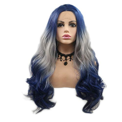 RainaHair Body Wave Blue Lace Front Wigs Ombre Wig Handmade Synthetic Glueless Wigs Natural Look Heat Resistant Fiber Long Grey Wigs for White Women Blue Mermaid Wig 24inches RainaHair Body Wave Blue Lace Front Wigs Ombre Wig Handmade Synthetic Glueless Wigs Natural Look Heat Resistant Fiber Long Grey Wigs for White Women Blue Mermaid Wig 24inches