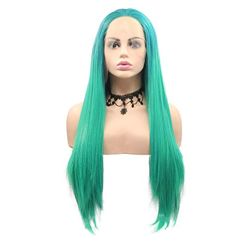 RainaHair 24inches Green Wig Long Silky Straight Free Part Hair Green Ombre Synthetic Lace Front Wigs for Women Heat Resistant Flawless Hairline Cosplay Party Mermaid Wig