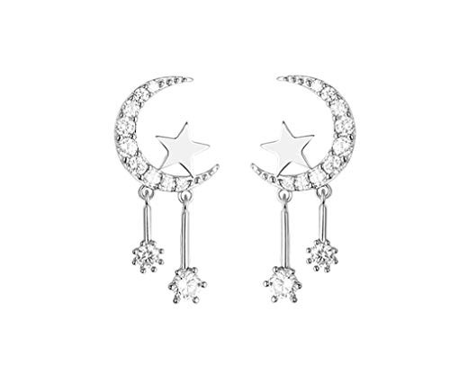 Reffeer 925 Sterling Silver Crescent Moon Star Studs Earrings for Women Teen Girls CZ Simulated Diamond Earrings Star Tassel Earrings ASilver