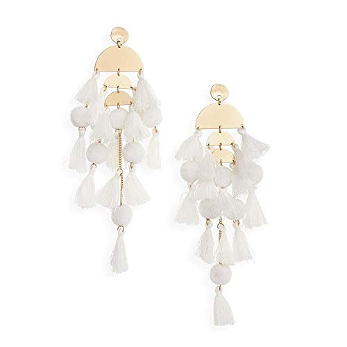 White Tassel Earrings Statement Fringe Drop Bohemian Earrings Geometric Dangle for Women