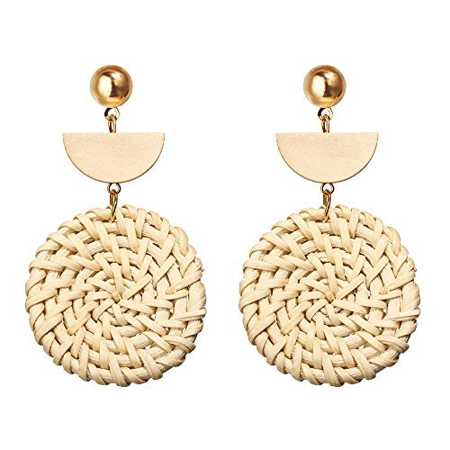 Tingyaa 5 Pairs Woven Rattan Earrings Handmade Wicker Bohemian Straw Knit Hoop Earrings Set Lightweight Raffia Braid Drop Dangle Earring for Women Girls Semicircle Braid Earrings