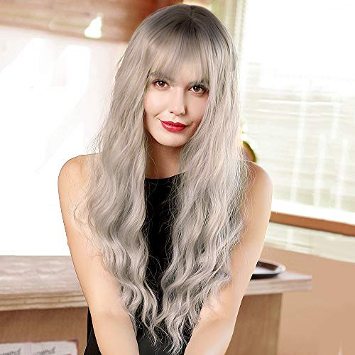Long Wavy Wigs with Bangs Ombre Silver Grey Curly Wave Wig Middle Parting Natural Looking Wig Synthetic Wigs for Women Daily Party Use 26