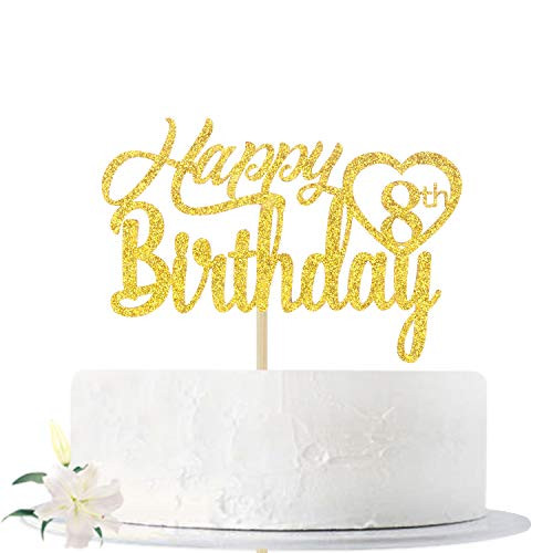 Gold Glitter Happy 8th Birthday Cake Topper Hello 8 Cheers to 8 Years Old Eight Years Old Party Decoration Supplies