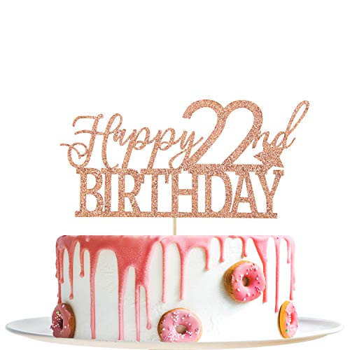 Rose Gold Glitter Happy 22nd Birthday Cake Topper Hello 22 Cheers to 22 Years Party Decoration Supplies