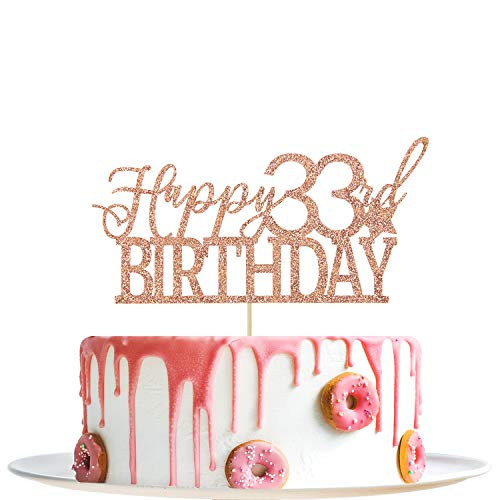 Rose Gold Glitter Happy 33rd Birthday Cake Topper  Hello 33  Cheers to 33 Years Party Decoration Supplies