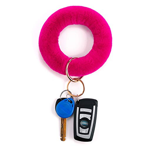 Keyring Bracelets Faux Fur Wristlet Keychain Bracelet Circle Key Ring Bangle Key Ring Chain for Women rose