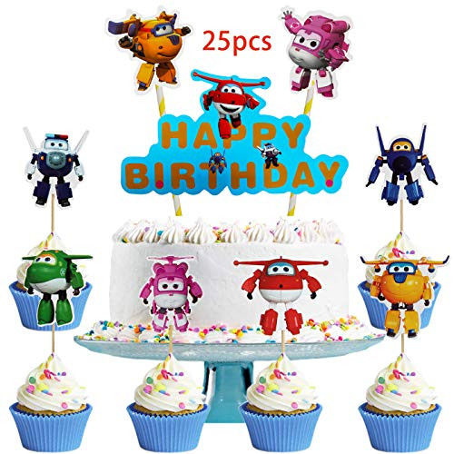 Dawei 25PC Super Wings cupcake topper Super Wings theme party decoration girlboy or baby birthday party cake decoration
