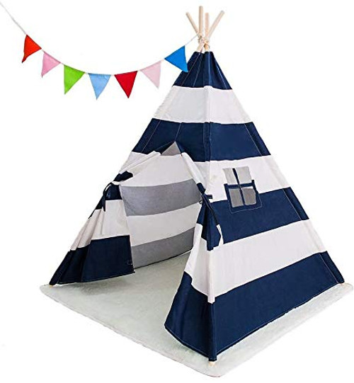 xiaowantong Kids Teepee Tent Classic Indian Wide Stripe Play Tent with Carry Bag for Boys and Girls Indoor Outdoor Navy Blue xiaowantong Kids Teepee Tent Classic Indian Wide Stripe Play Tent with Carry Bag for Boys and Girls Indoor Outdoor Navy Blue
