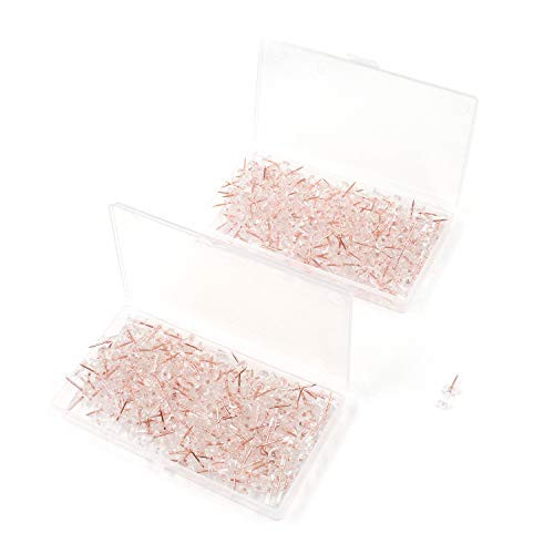 MTMTOOL 400 Pieces Push Pins Transparent Plastic Head Rose Gold Thumbtacks IShaped Needle with Plastic Box for Map and Cork Notice Board